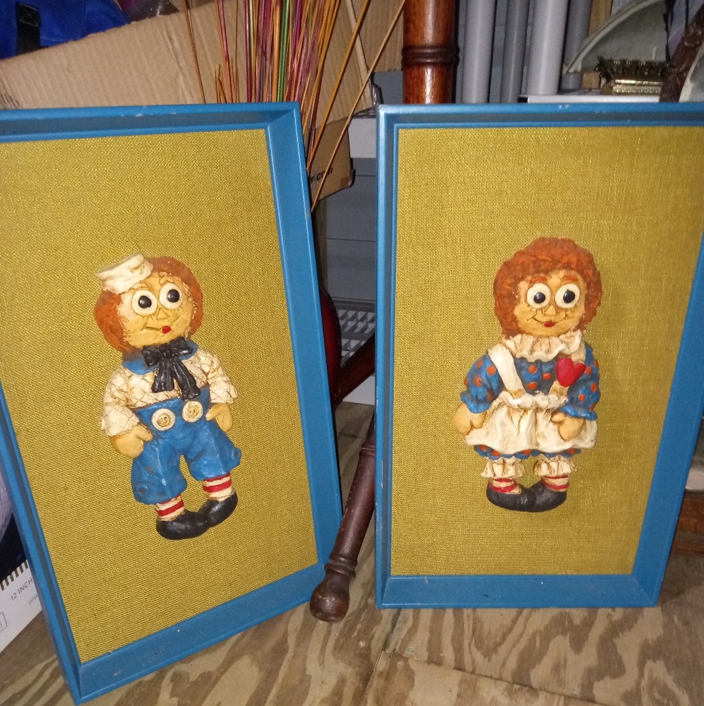 Large Vintage 1970 Large Raggedy Ann and Andy 3D Wall Hangings.